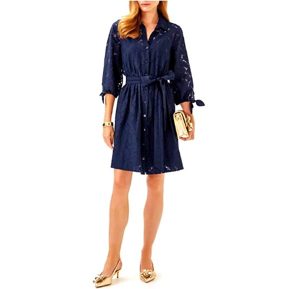 Lilly Pulitzer Women's True Navy Flora Faille Amrita Shirtdress Size 8 - Picture 9 of 9